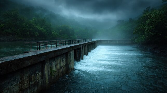 Serene River Dam Under Dramatic Sky with Dark Clouds and Mist in Lush Green Landscape During Gloomy Weather Conditions