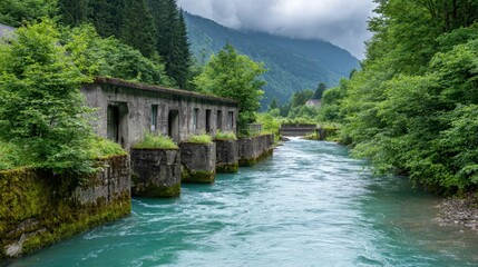 Fototapeta premium Serene River Flowing Through Lush Green Forest with Ancient Structures Alongside Majestic Mountains and Cloudy Sky