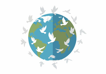 Naklejka premium A circle of white doves flying around a colorful globe representing peace and unity across the world