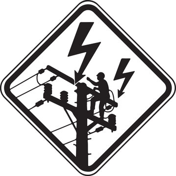 High voltage warning sign with electrician silhouette, electrical hazard safety icon, lineman working on power lines vector illustration isolated PNG with Transparent Background