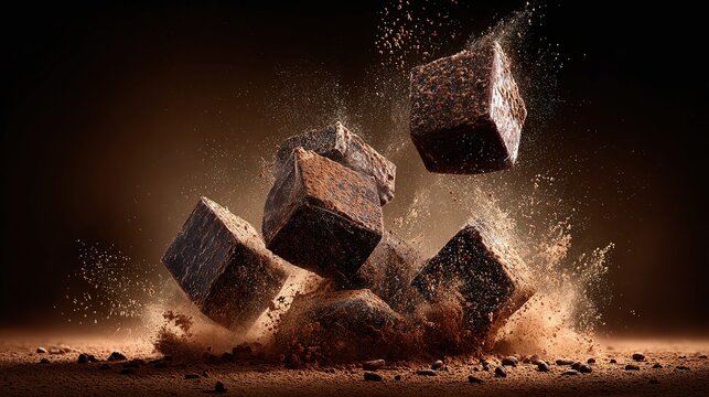 Chocolate Cubes Exploding in Dark Background.