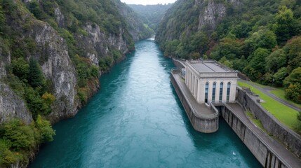 Fototapeta premium Scenic View of a Turquoise River Flowing through a Canyon with a Power Station Surrounded by Lush Green Forests