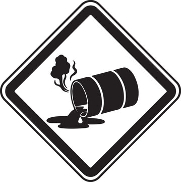 Hazardous chemical spill warning sign vector, industrial toxic waste barrel leak icon, black and white environmental pollution alert symbol isolated PNG with Transparent Background
