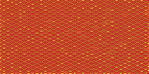 A repeating pattern of golden fish scales on a vibrant red background © Topoti