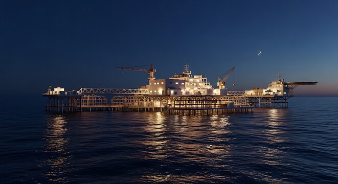 Brightly lit oil rig stands on the ocean at night, with reflections shimmering on the waters surface.