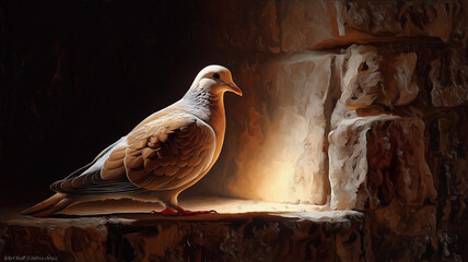 Fototapeta premium Dove bird stone wall warm light soft shadow peaceful mood oil painting style realistic detail solitude ambience