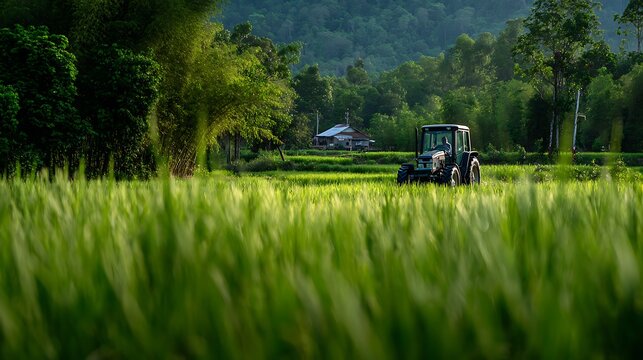 A tractor plowing a lush green rice paddy field under a soft, hazy sky, with trees and a small house in the background.