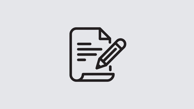 A simple black and white icon of a document with a pencil writing on it