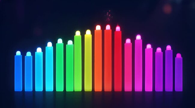 Dynamic sound wave visualization with glowing rainbow color bars on dark background