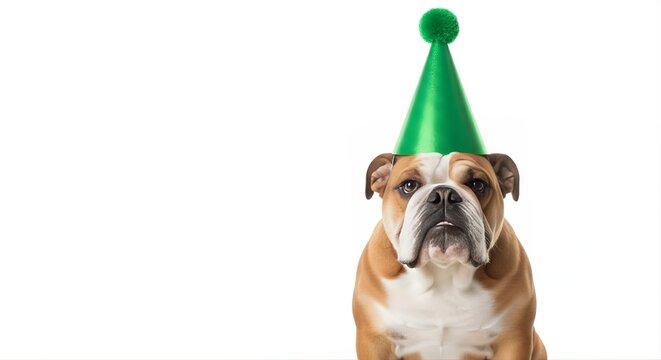 Adorable English Bulldog Wearing a Green Party Hat.