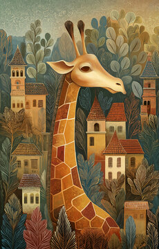 Whimsical giraffe fantasy jungle tall animal surreal town autumn color storybook art imaginative scene dreamy mood in harmony