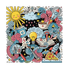Obraz premium Whimsical cartoon illustration with sun, coffee, rocket, and swirling designs