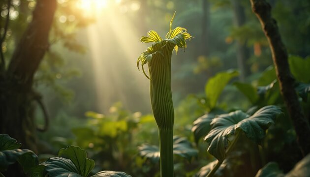 Giant titan arum plant emerges in rainforest. Ribbed green bud stands tall amidst dense foliage. Sunlight streams through canopy, illuminating unique flora growth.