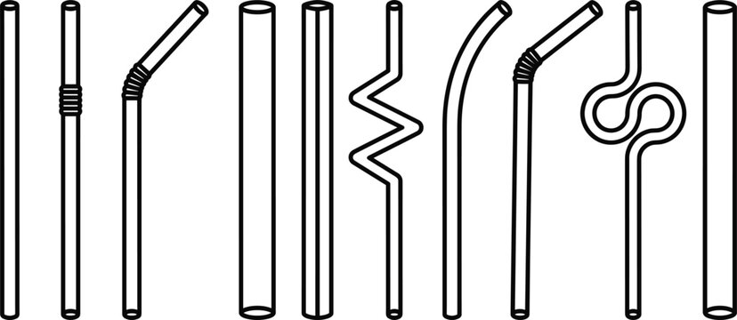 Set of reusable drinking straw line icons with straight bent and zigzag shapes minimal beverage tube collection