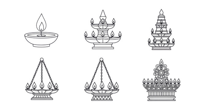 Traditional Oil Lamp Icons &ndash; Sinhala Tamil New Year Diyas Outline Set