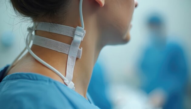 Patient in blue gown has tracheostomy tube secured by straps around neck. Medical professional blurred in background. Breathing support device applied.
