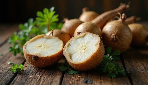 Fresh burdock root vegetable, one cut in half, lies on rustic wood. Parsley leaves accent whole roots in background. Healthy ingredient for Asian food.
