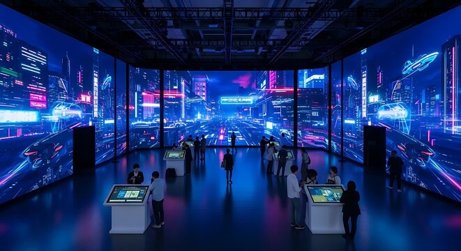 Wide-angle view of a large-scale, immersive digital art installation featuring a vibrant, futuristic cityscape projected onto multiple screens, with visitors observing the display.