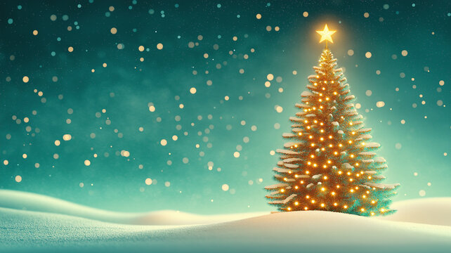 Glowing Christmas tree night snow winter landscape holiday season festive serene star illumination