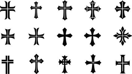 Fototapeta premium Collection of Fifteen Black Christian Cross Icons on White Background christianity