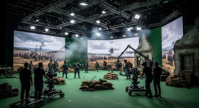 Wide shot of a modern virtual production studio featuring large LED screens displaying a historical scene, with set pieces and crew members present.