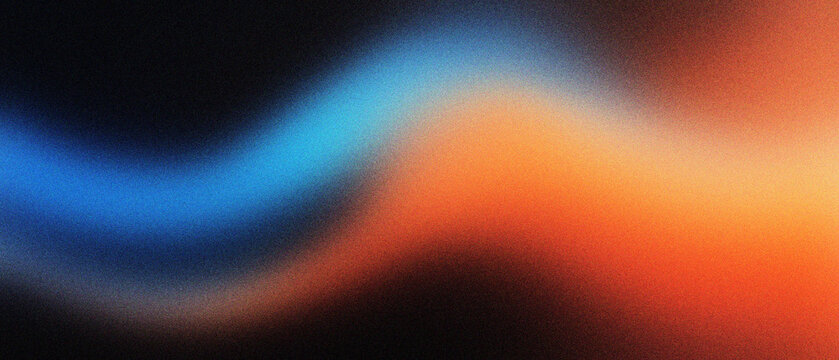 Abstract grainy gradient background with vibrant blue and orange light waves, soft blurred texture on dark backdrop. Modern aesthetic aura wallpaper, colorful wavy motion for digital design.