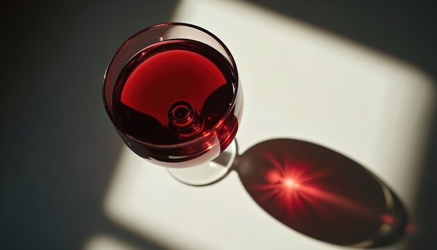 Close-up of red wine glass with sunlit red liquid. Strong shadows create dramatic contrast on a pale surface. Elegant drink presentation with reflection and highlights. A moody, artistic view.