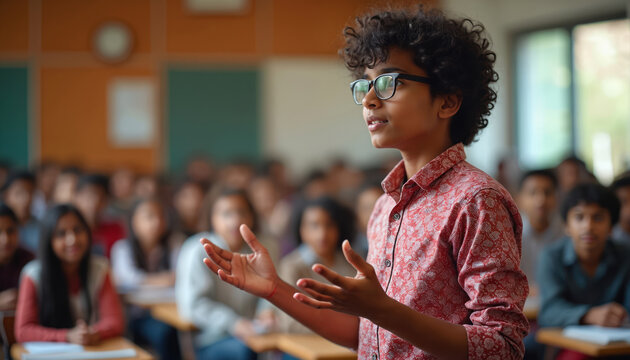 Young Indian boy with glasses speaks in class. Students listen attentively. He presents project or shares ideas with classmates. Education, learning, school, public speaking event.
