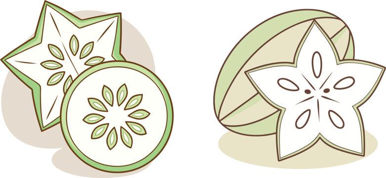 Exotic star fruit carambola with slices in minimalist flat line art style vector,Generative Ai