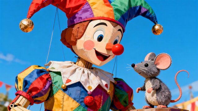 Colorful clown puppet with mouse