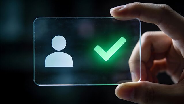 Hand holding transparent card with icon and checkmark