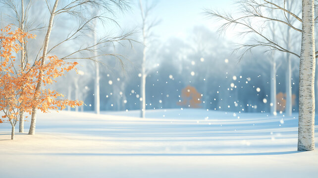 Winter landscape snow field frost tree birch tree snow drift cold orange foliage calm nature background