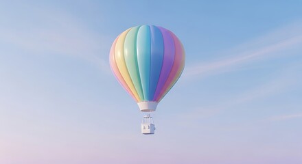 Fototapeta premium A vibrant rainbow-colored hot air balloon gracefully floats across a pastel-hued sky, symbolizing adventure and joy on a clear day