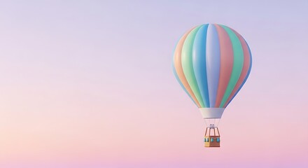 Obraz premium A beautifully rendered 3D illustration of a hot air balloon floating serenely in a pastel-colored sky at dawn or dusk, evoking a sense of adventure and tranquility