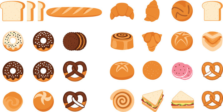 Bakery bread and pastry collection vector illustration set, assorted croissants, donuts, pretzels, sandwiches, and baked goods icons isolated on background