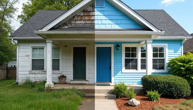 Split image shows house exterior before and after vinyl siding installation. Old worn wood contrasts with new bright blue siding and white trim, featuring one door green and other vibrant blue.