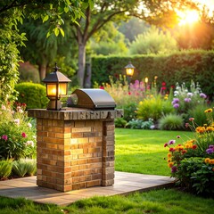Naklejka premium A serene garden scene with a brick grill and lantern