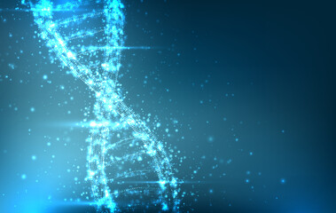 Abstract glowing blue digital DNA helix structure with shimmering particles against a dark blue...