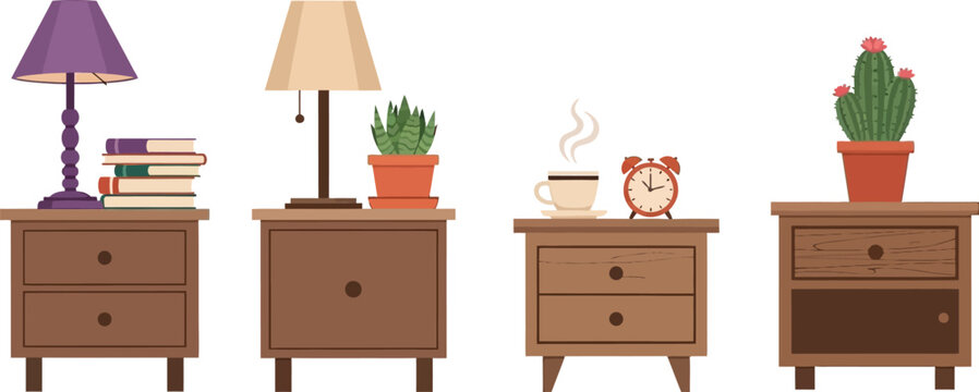 Collection of four distinct bedside tables, each adorned with unique items including lamps, books, plants, coffee, and an alarm clock.