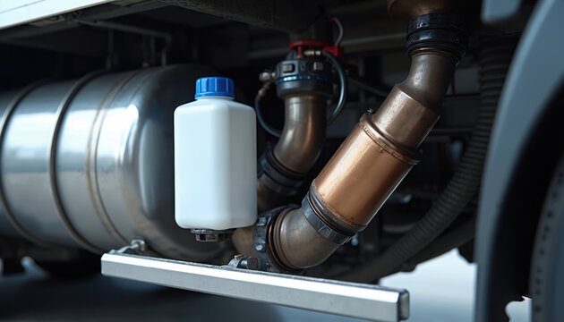 Truck exhaust fluid system component detail. Modern diesel vehicle undercarriage shows DEF tank and pipework for emission control. Engine part maintenance.
