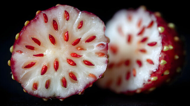 Pale flesh pineberry cut in half macro showing red seed pits and glossy texture, bright contrast and closeup detail