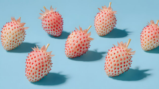 White pineberries with pale pink seeds arranged on pastel blue background, fresh fruit still life with soft shadows