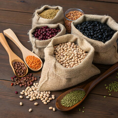 Fototapeta premium A variety of colorful dried legumes and healthy beans arranged in rustic burlap sacks and wooden spoons on wood table