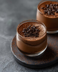 Obraz premium Silken tofu cocoa mousse in glass cup topped with cocoa powder and chocolate nibs, creamy dessert served on dark slate plate