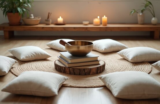 Peaceful meditation setup with singing bowl, books, candles and cushions on rug. Room offers calm space for yoga, healing, and mindfulness practice.