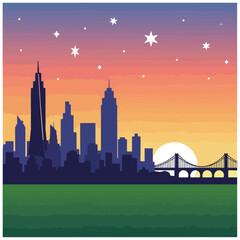A cityscape silhouetted against a sunset sky with a bridge and stars © Itachi