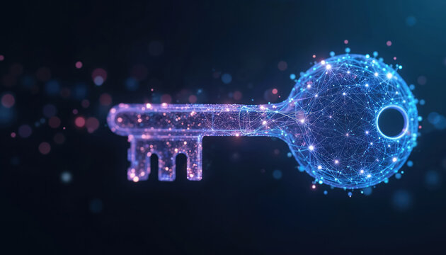 Digital key glows with complex network lines and dots, symbolizing access to future tech. Unlocking new opportunities and data security in cyberspace.