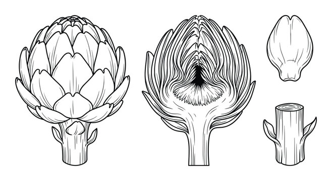 Artichoke illustration in line art style showing whole, cut and stem isolated