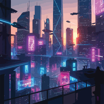 A cityscape rendered in pixel art style, reflecting neon lights and futuristic vehicles