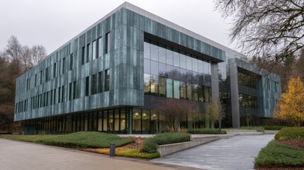 Obraz premium Modern architectural design of a contemporary building with reflective glass facade in an urban landscape